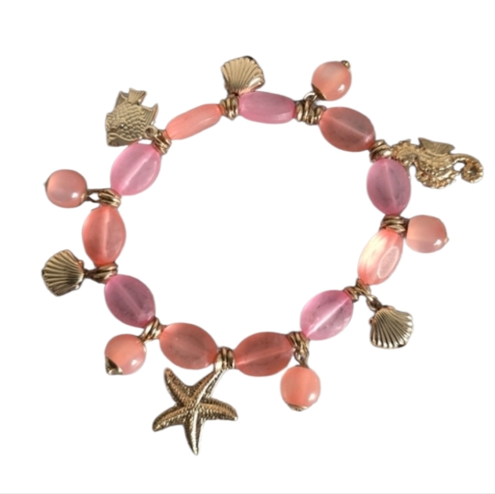 Tropical Pink and Gold Beach Seashell Fish Seahorse Starfish Jewel Bracelet